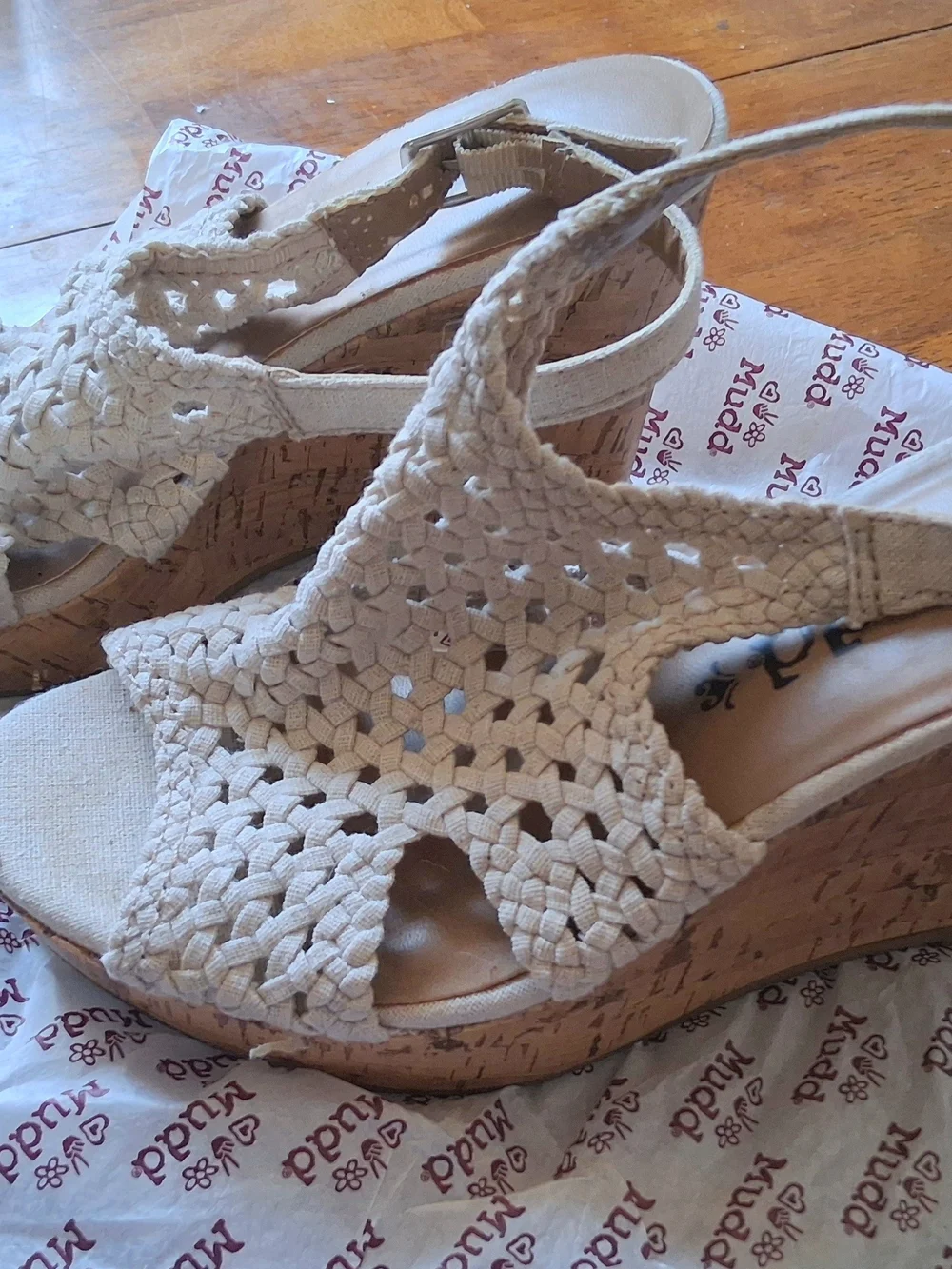 Mudd Beige Woven Slingback Cork Wedge Sandals